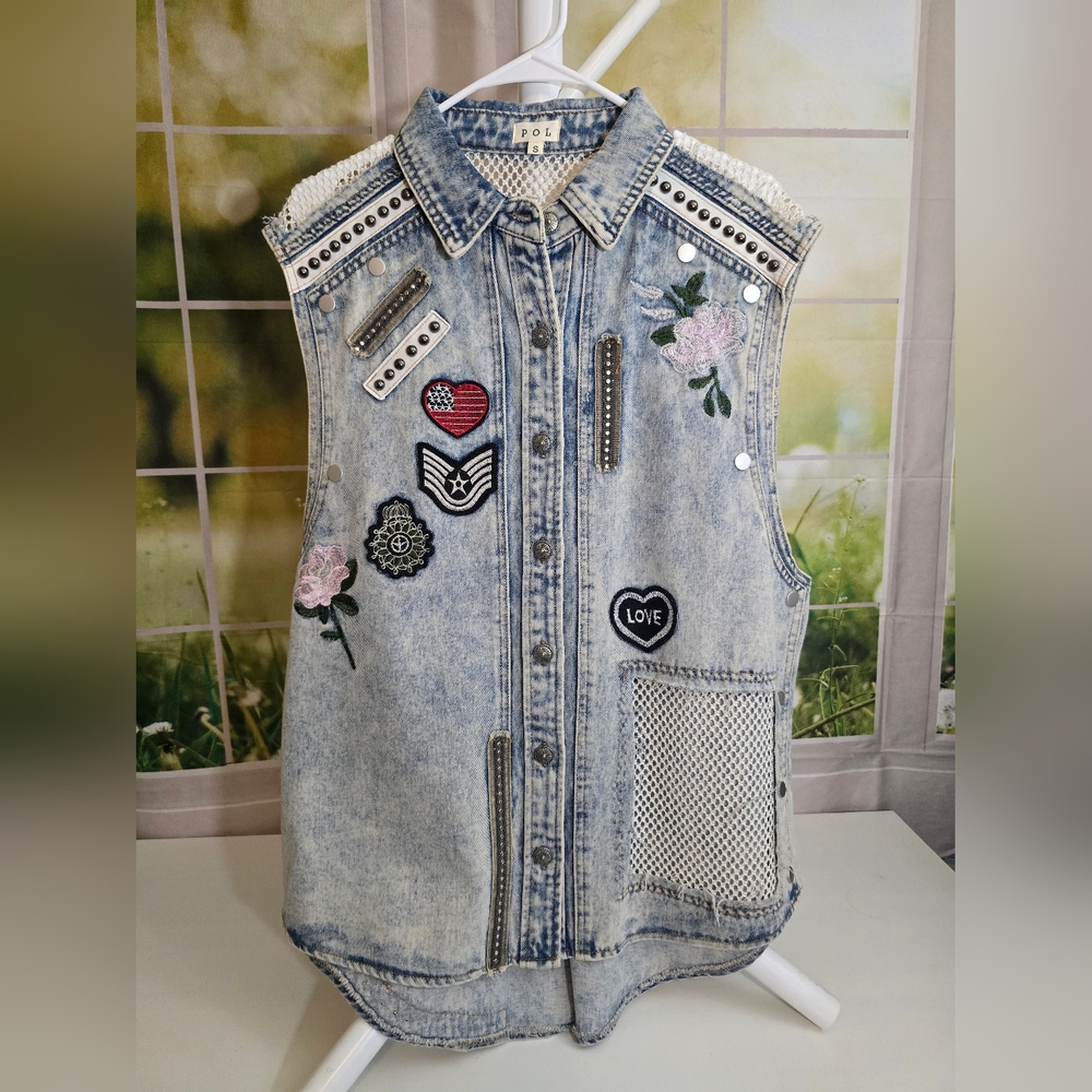POL Denim Patchwork Embroidered Studded Fishnet Button-Up Vest – Size Small, NWT - Picture 5 of 10